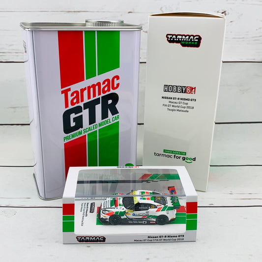 Tarmac Works 1/64 Nissan Nismo GTR GT3 Macau GT Cup - FIA GT World Cup 2018 Tsugio Matsuda includes on 18cm tall Metal Oil Can T64-035-18MGP23
