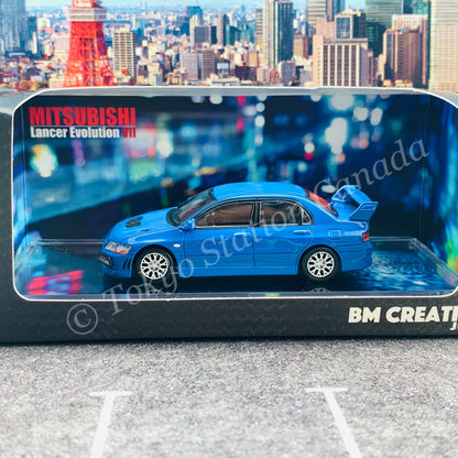 BM CREATIONS JUNIOR 1/64 Mitsubishi Lancer Evolution VII BLUE RHD with Extra Wheel Set and Lowering Parts 64B0088
