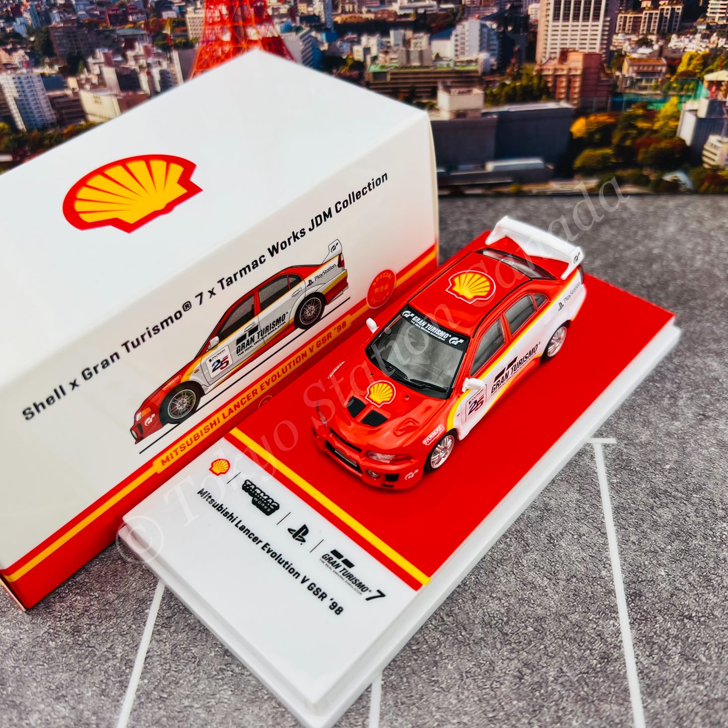 TARMAC WORKS x Gran Turismo 7 x SHELL 1/64 Mitsubishi Lancer Evolution V GSR 1998 T64-012-SS22