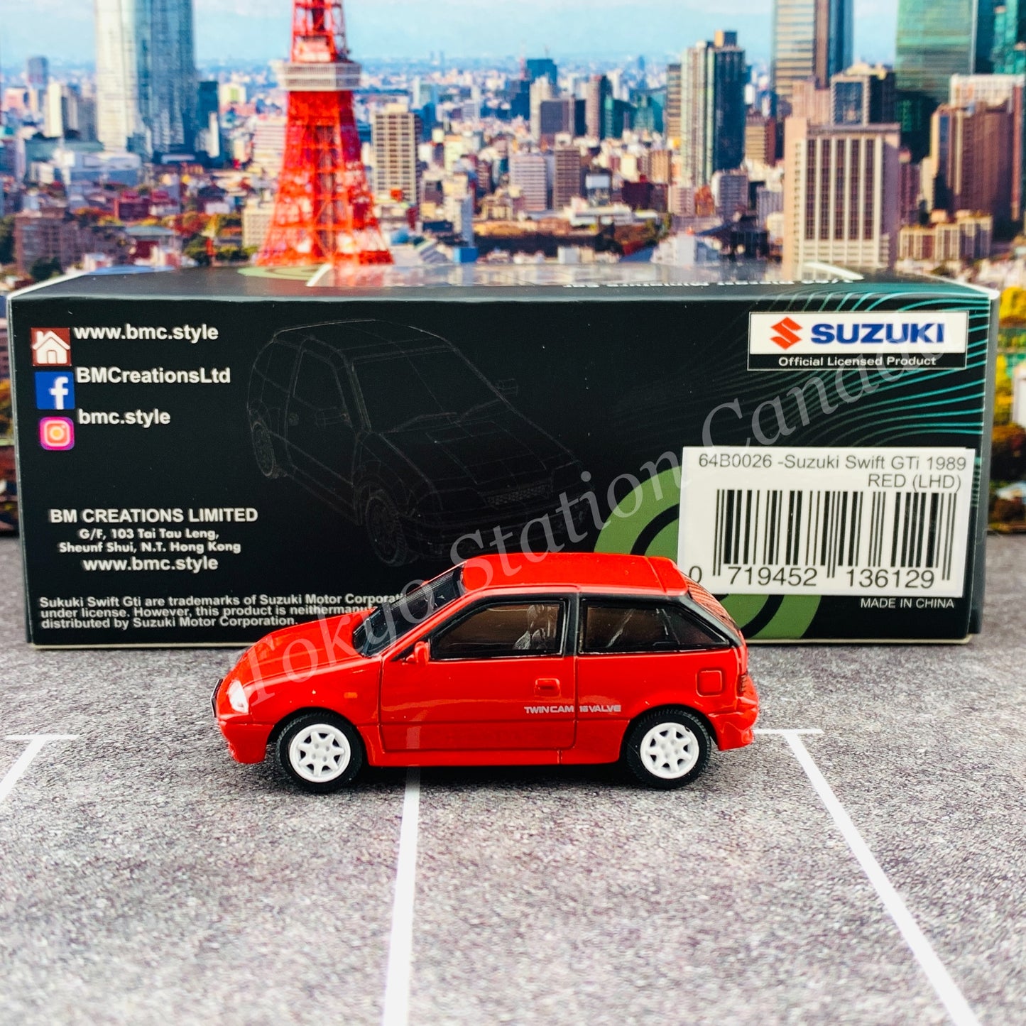 BM CREATIONS JUNIOR 1/64 Suzuki Swift 1989 RED LHD with Extra Wheels, Lowering Parts 64B0026
