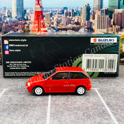 BM CREATIONS JUNIOR 1/64 Suzuki Swift 1989 RED LHD with Extra Wheels, Lowering Parts 64B0026