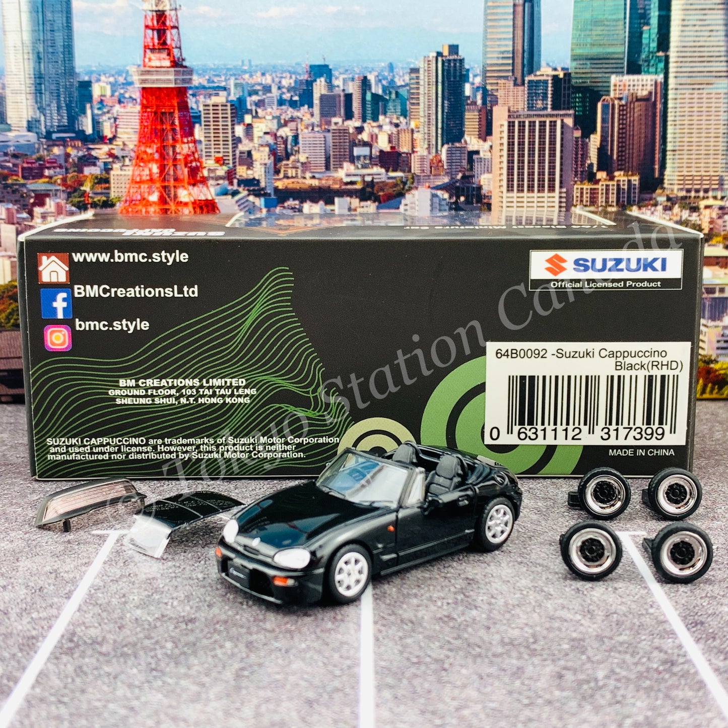 BM CREATIONS JUNIOR 1/64 SUZUKI CAPPUCCINO Black RHD with Extra Wheel and Hard Top Set 64B0092