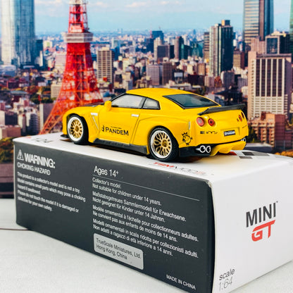 MINI GT 1/64 Pandem Nissan GTR R35 Duck Tail Metallic Yellow w/ Carbon Bonnet RHD MGT00124-R