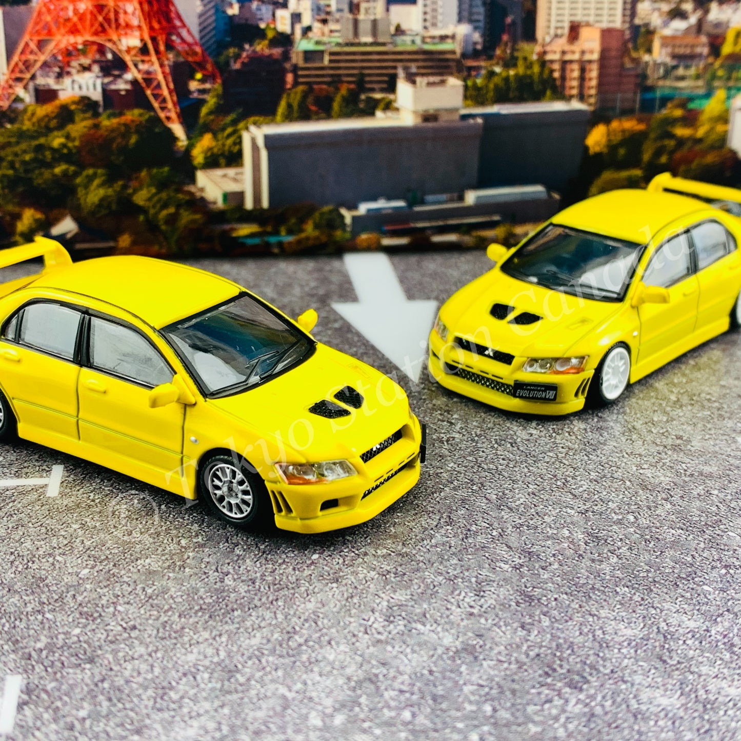 BM CREATIONS JUNIOR 1/64 Mitsubishi Lancer Evolution VII YELLOW RHD with Extra Wheel Set and Lowering Parts 64B0084