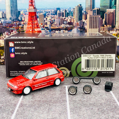BM CREATIONS JUNIOR 1/64 Toyota 1988 Starlet Turbo S EP71 Red LHD with Extra Wheel and Lowering Parts Set 64B0127