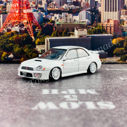 BM CREATIONS JUNIOR 1/64 Subaru Impreza WRX STi 2001 WHITE RHD with Extra Wheel Set and Lowering Parts 64B0082