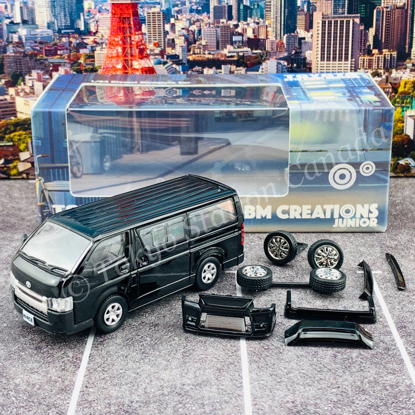 BM CREATIONS JUNIOR 1/64 Toyota 2016 Hiace BLACK RHD with Extra Wheels, Lowering Parts and Body Kit 64B0144