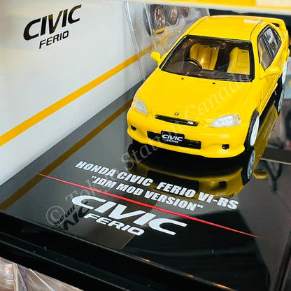 INNO64 1/64 HONDA CIVIC FERIO Vi RS PHOENIX YELLOW JDM MOD VERSION WITH EXTRA SPOON SPORTS WHEELS AND DECALS IN64-EKS-YEL