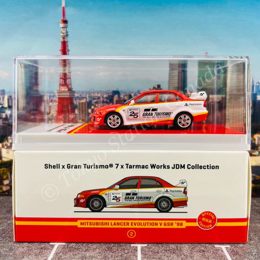 TARMAC WORKS x Gran Turismo 7 x SHELL 1/64 Mitsubishi Lancer Evolution V GSR 1998 T64-012-SS22