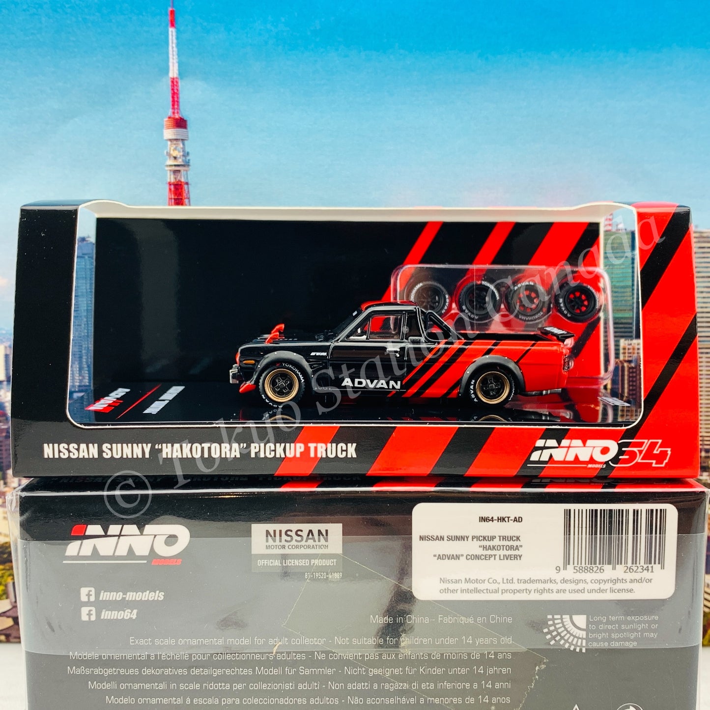 INNO64 1/64 NISSAN SUNNY "HAKOTORA" Pickup Truck  "ADVAN" Concept Livery WITH EXTRA WHEELS IN64-HKT-AD