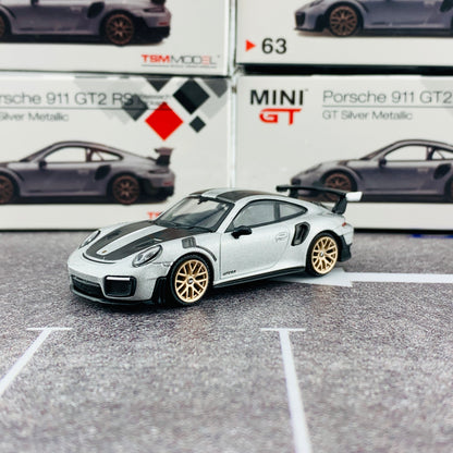 MINI GT 1/64 Porsche 911 Turbo GT2 RS GT Weissach Package Silver Metallic RHD MGT00063-R