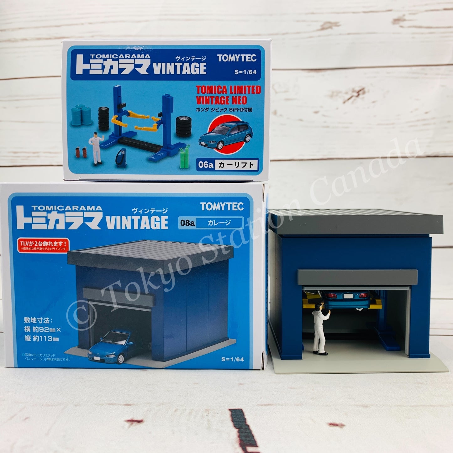 Tokyo Station Exclusive Package TOMYTEC TOMICARAMA VINTAGE 06a and 08a (Car Lift including a TLV-NEO Honda Civic SiR-II and Garage)