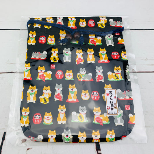 Shiba Inu おさんぽ日和 Drawstring Bag 303-701 Medium Black (MADE IN JAPAN)