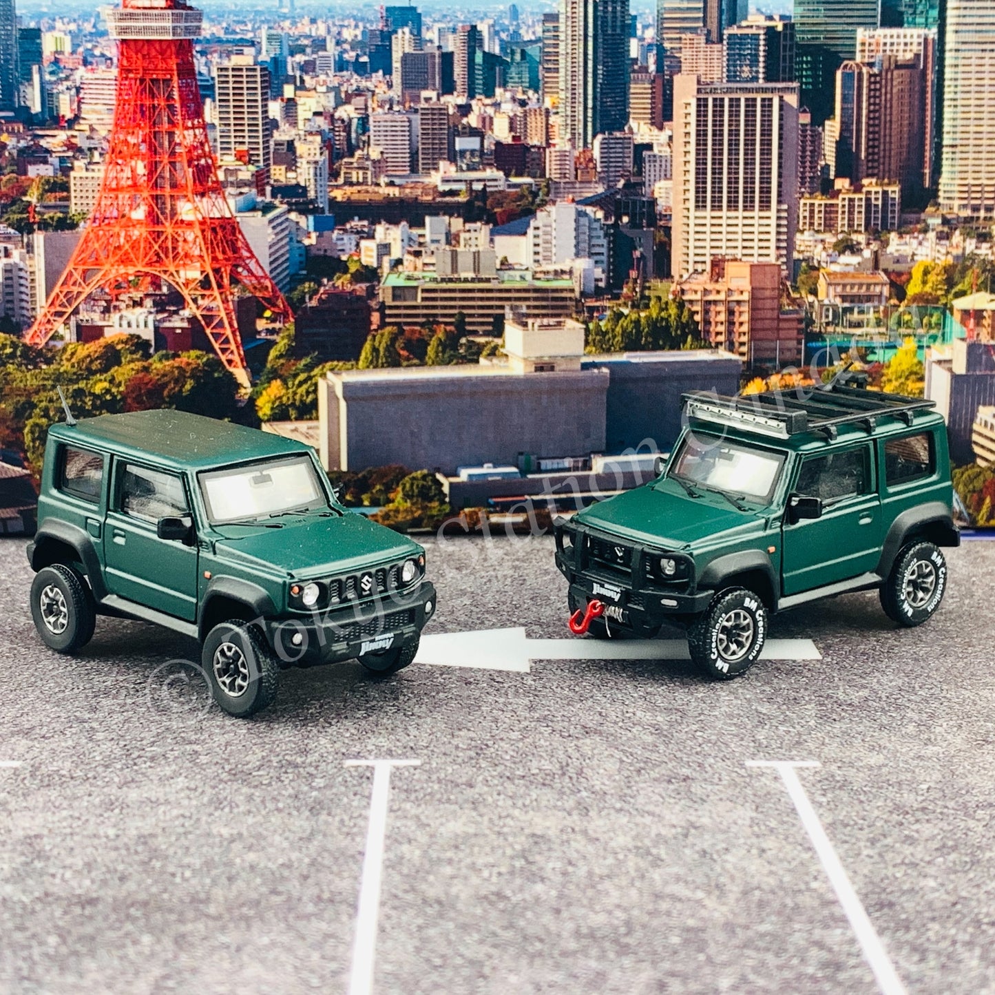 BM CREATIONS JUNIOR 1/64 Suzuki Jimny SIERRA JB74 with Accessory Pack Matt Green LHD 64B0033