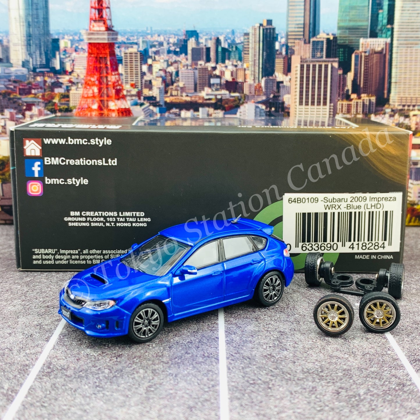 BM CREATIONS JUNIOR 1/64 Subaru 2009 Impreza WRX BLUE LHD with Extra Wheels and Lowering Parts 64B0109