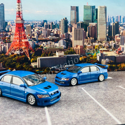 BM CREATIONS JUNIOR 1/64 Mitsubishi Lancer Evolution VII BLUE RHD with Extra Wheel Set and Lowering Parts 64B0088