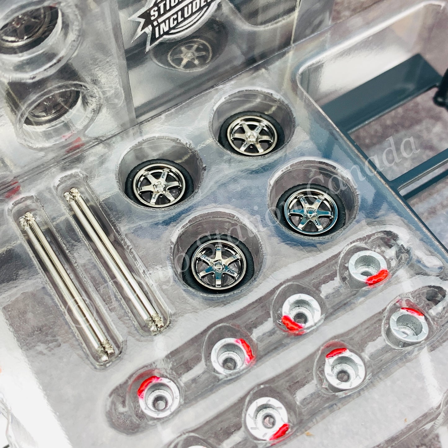 Tarmac Works 1/64 PARTS64 Rays TE37  Polished *Include: 4 Rims / 4 Tires / 4 Axis / 2 sets of spacers / Tire Rack / Sticker T64W-002-PL
