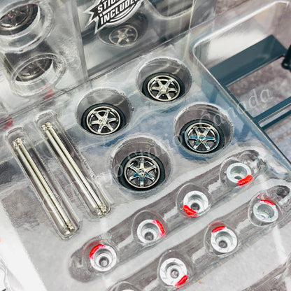 Tarmac Works 1/64 PARTS64 Rays TE37  Polished *Include: 4 Rims / 4 Tires / 4 Axis / 2 sets of spacers / Tire Rack / Sticker T64W-002-PL
