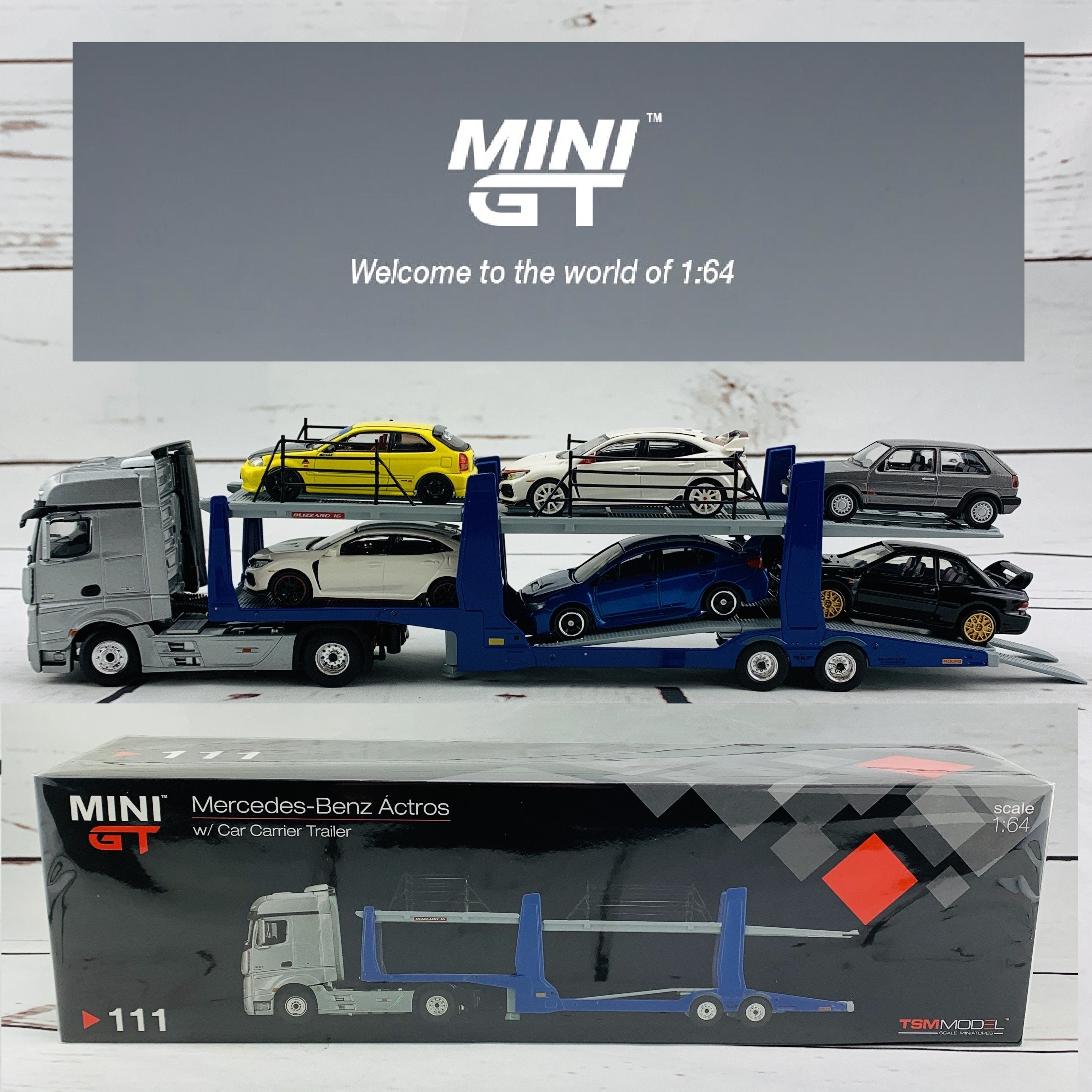 MINI GT 1/64 Mercedes-Benz Actros With Car Carrier Trailer LHD