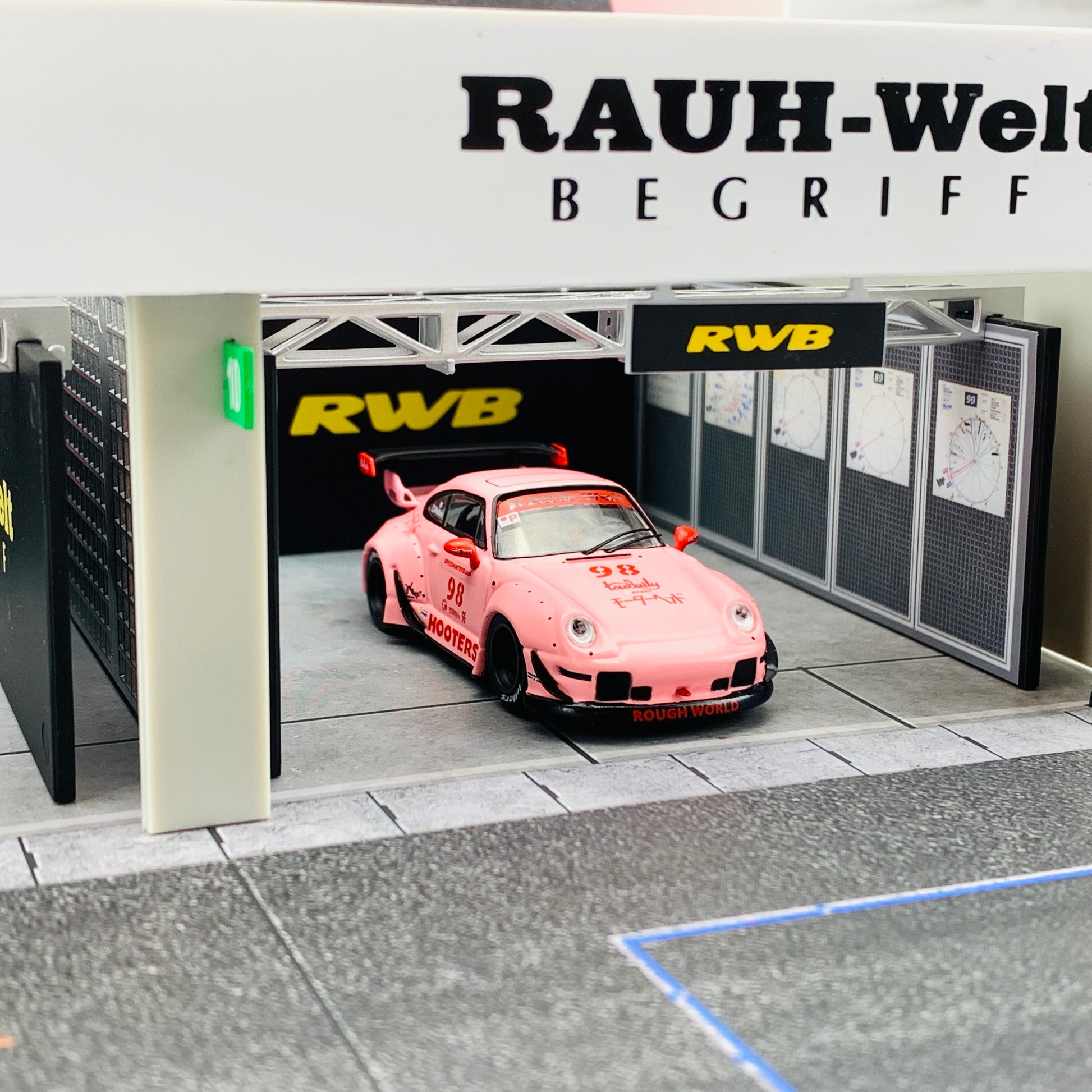 Tarmac Works 1/64 Pit Garage Diorama - RWB - PART64 T64D-001-RWB Includes exclusive model T64-017-HO RWB 993 HootersTarmac Works 1/64 Pit Garage Diorama - RWB - PART64 T64D-001-RWB Includes exclusive model T64-017-HO RWB 993 Hooters
