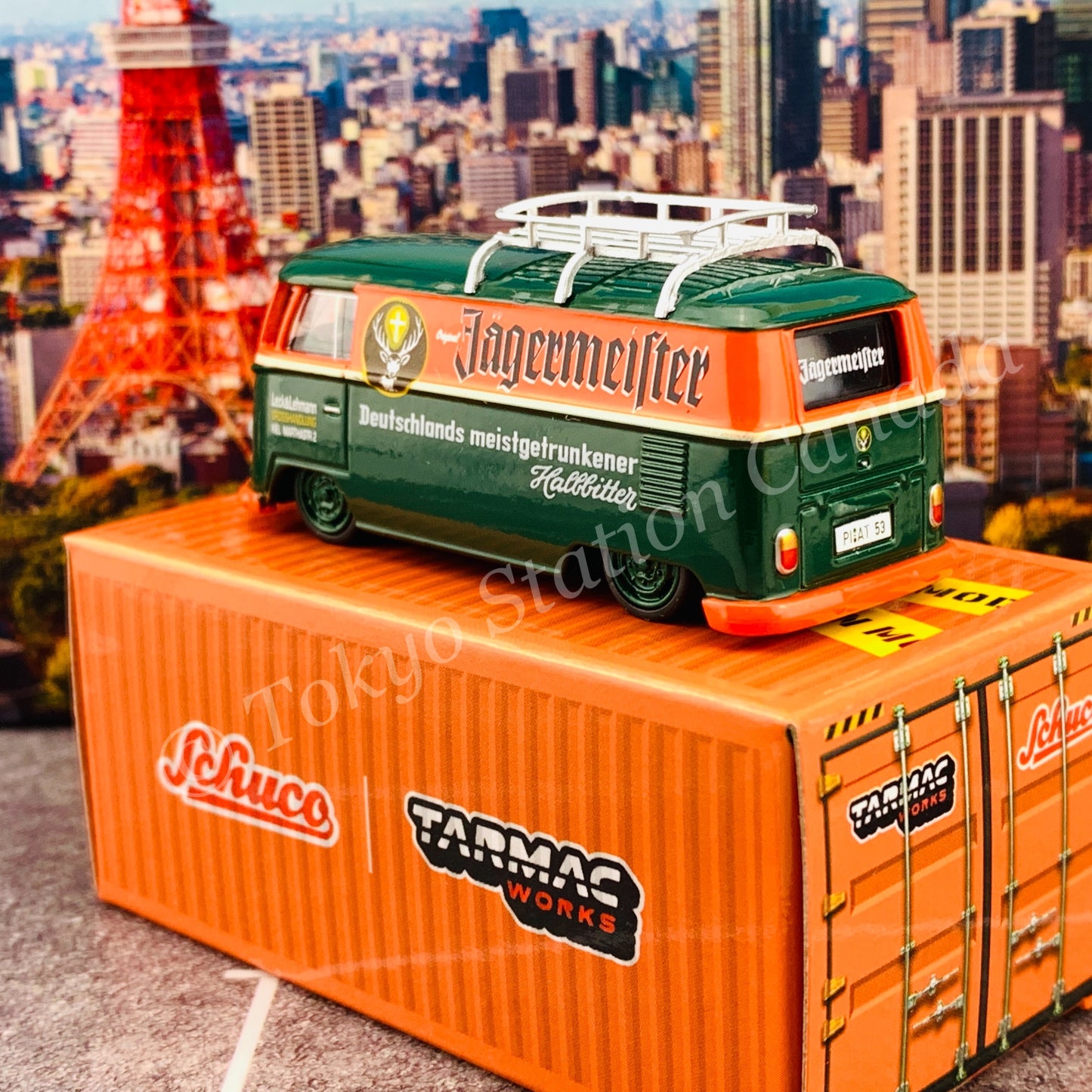 Tarmac Works x Schuco COLLAB64 1/64 Volkswagen T1 Panel Van Jagermeister Low Ride Height with Roof Rack T64S-005-JAG