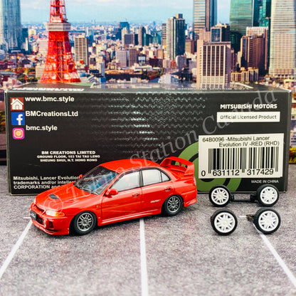BM CREATIONS JUNIOR 1/64 Mitsubishi Lancer Evolution IV RED RHD with Extra Wheel Set 64B0096