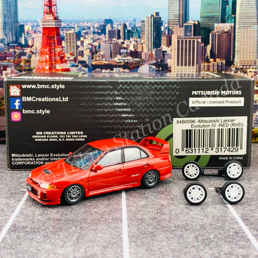 BM CREATIONS JUNIOR 1/64 Mitsubishi Lancer Evolution IV RED RHD with Extra Wheel Set 64B0096