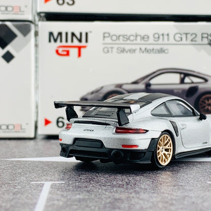 MINI GT 1/64 Porsche 911 Turbo GT2 RS GT Weissach Package Silver Metallic RHD MGT00063-R