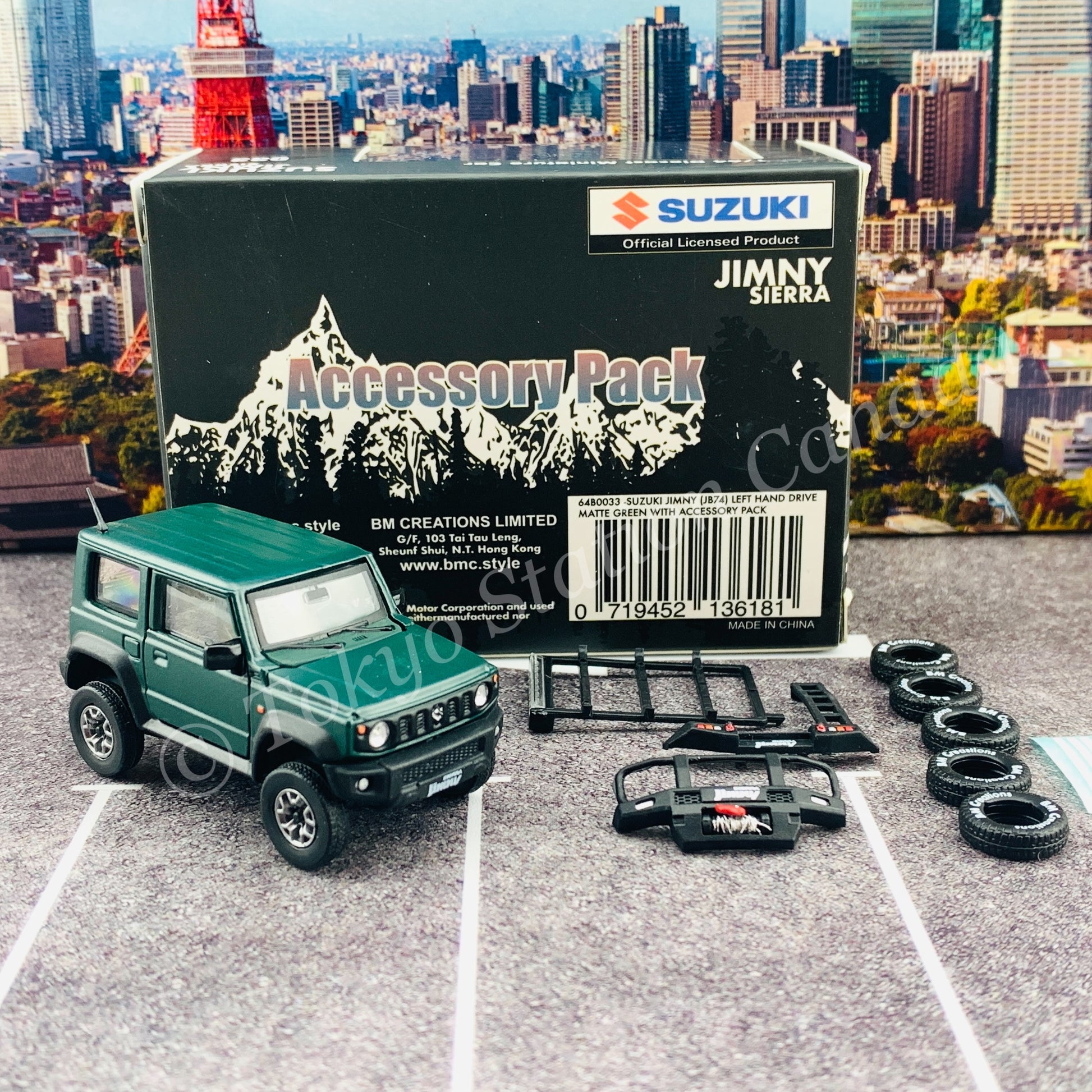 BM CREATIONS JUNIOR 1/64 Suzuki Jimny SIERRA JB74 with Accessory Pack Matt Green LHD 64B0033