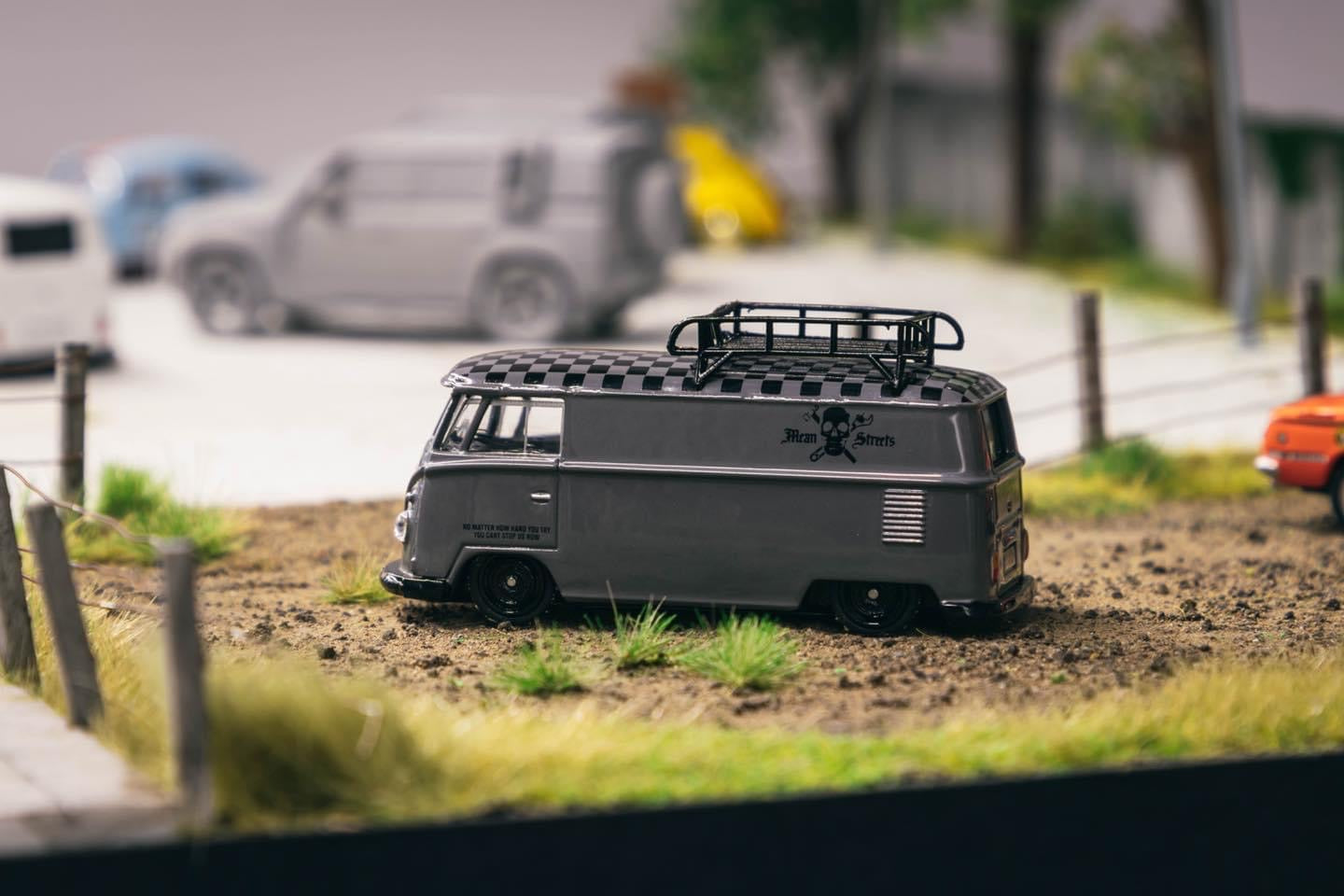 Tarmac Works x Schuco COLLAB64 1/64 Volkswagen T1 Panel Van Mean Streets Special Edition with metal oil can and special paper box T64S-005-FAT