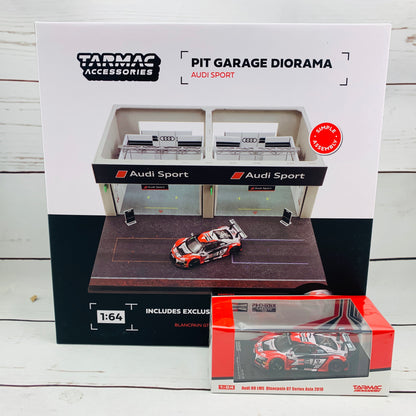 Tarmac Works 1/64 Pit Garage Diorama - Audi Sport - DIORAMA64 T64D-001-AS Includes T64-007-18BGTA5 Audi R8 LMS Blancpain GT Series Asia 2018