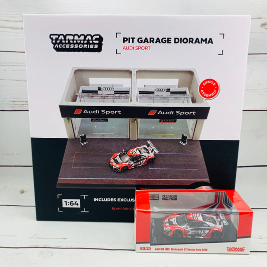 Tarmac Works 1/64 Pit Garage Diorama - Audi Sport - DIORAMA64 T64D-001-AS Includes T64-007-18BGTA5 Audi R8 LMS Blancpain GT Series Asia 2018