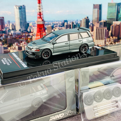 INNO64 1/64 MITSUBISHI LANCER EVOLUTION IX WAGON Medium Purplish Gray Mica With Extra Wheels and Extra decals IN64-EVO9W-PGM