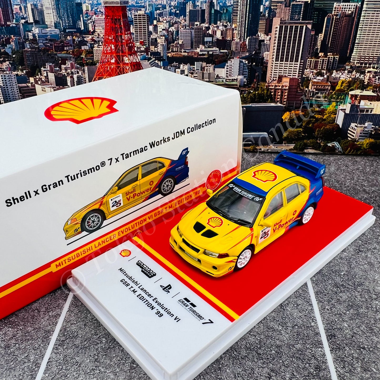 TARMAC WORKS x Gran Turismo 7 x SHELL 1/64 Mitsubishi Lancer Evolution VI GSR T.M. Edition 1999 T64-021-SS22