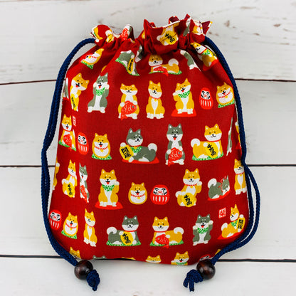 Shiba Inu おさんぽ日和 Drawstring Bag 303-701 Medium Red (MADE IN JAPAN)