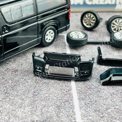 BM CREATIONS JUNIOR 1/64 Toyota 2016 Hiace BLACK RHD with Extra Wheels, Lowering Parts and Body Kit 64B0144