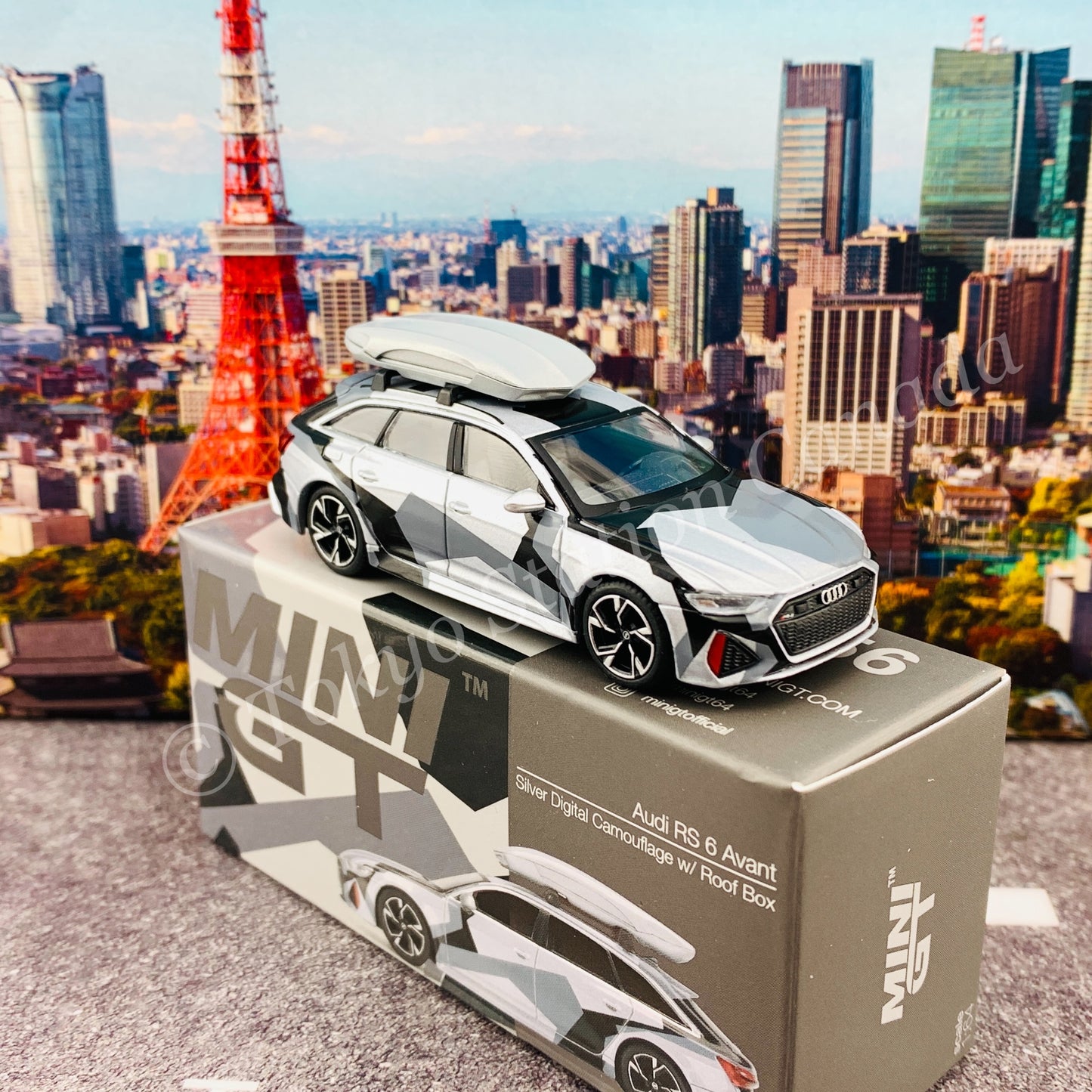 MINI GT 1/64 Audi RS 6 Avant  Silver Digital Camouflage w/ Roof Box CLDC Edition LHD MGT00256-L
