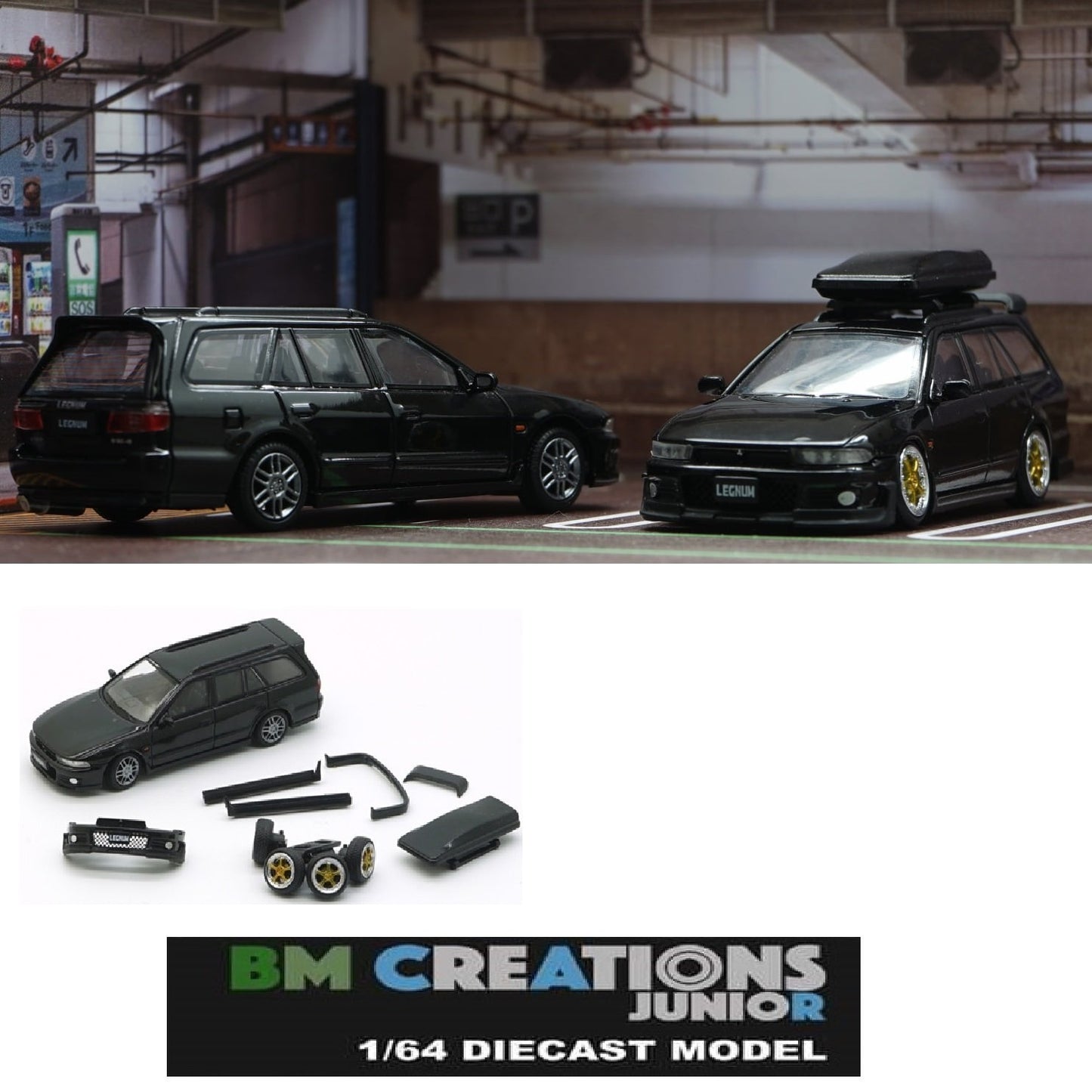 BM Creations JUNIOR 1/64 Mitsubishi Legnum VR4 BLACK RHD with Extra Wheels, Lowering Parts 64B0156