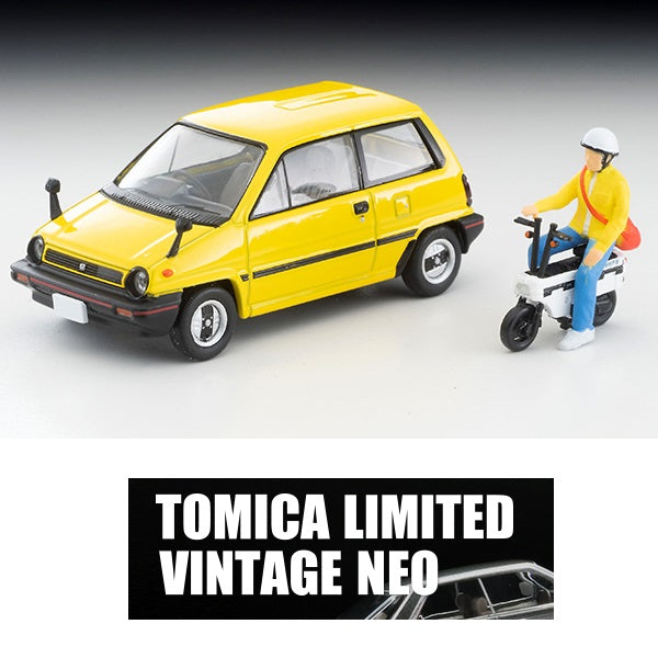 TOMYTEC Tomica Limited Vintage Neo 1/64 Honda City R Yellow with MOTOCOMPOwith rider figure 1981 LV-N272b