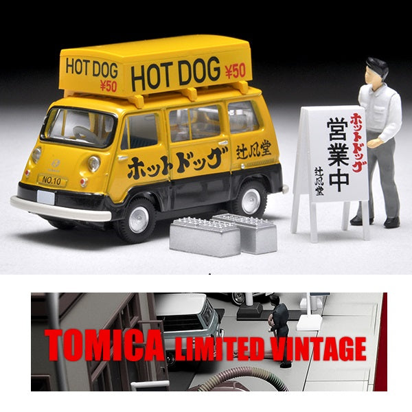 TOMYTEC Tomica Limited Vintage 1/64 Subaru Sambar Light Van Hot Dog Shop (Yellow / Black) with Figure LV-201a