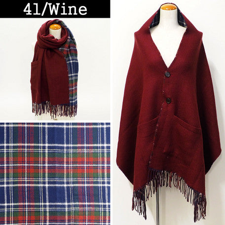Lune Jumelle Checker Pocket Poncho Stole Wine LM726610-41