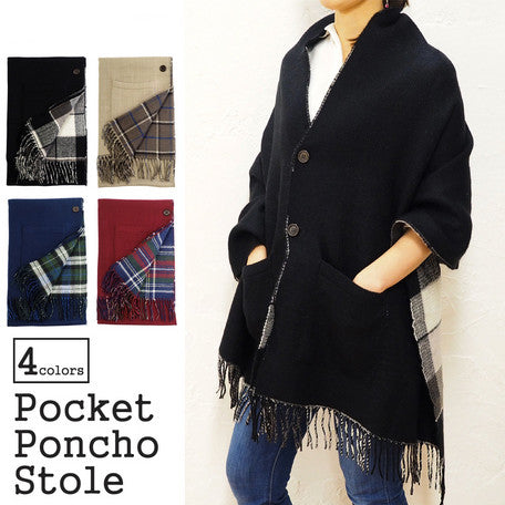 Lune Jumelle Checker Pocket Poncho Stole Black LM726610-11