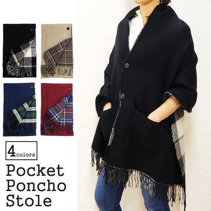 Lune Jumelle Checker Pocket Poncho Stole Navy LM726610-31