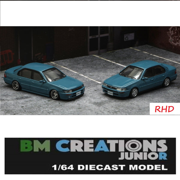 BM Creations JUNIOR 1/64 Toyota 1996 Corolla AE100 Blue  RHD with Extra Wheels, Lowering Parts and Extra Bumper 64B0122